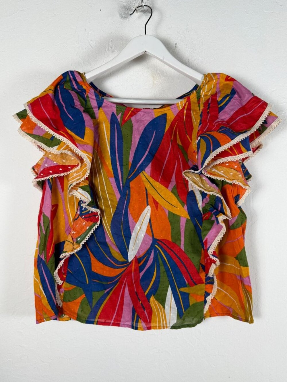 Marc New York Women’s Color Tropical Palm Leaves Ruffle Swiss Dot Blouse XL New